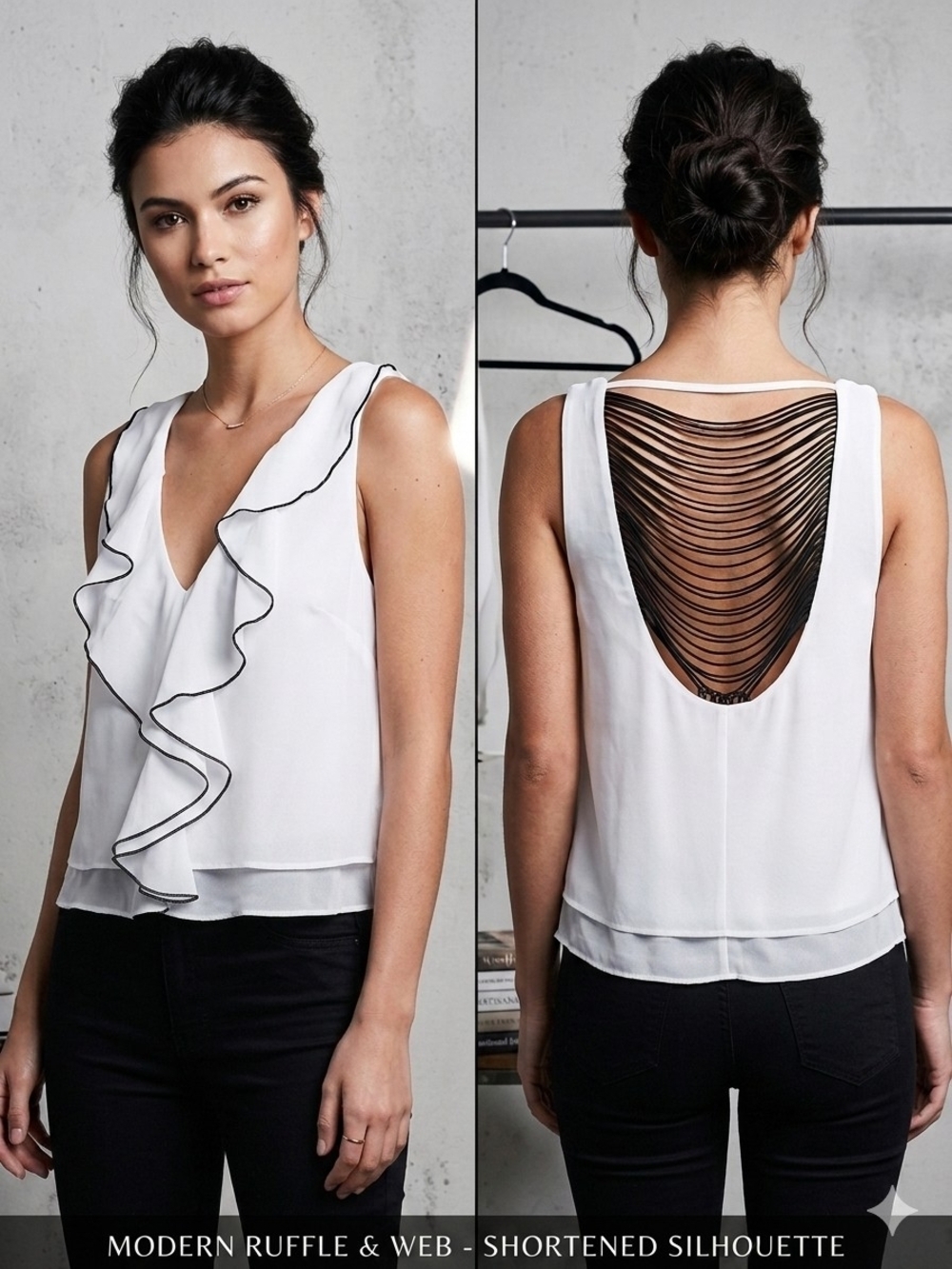 by & by White Ruffle Front Tank with Black Web Back
